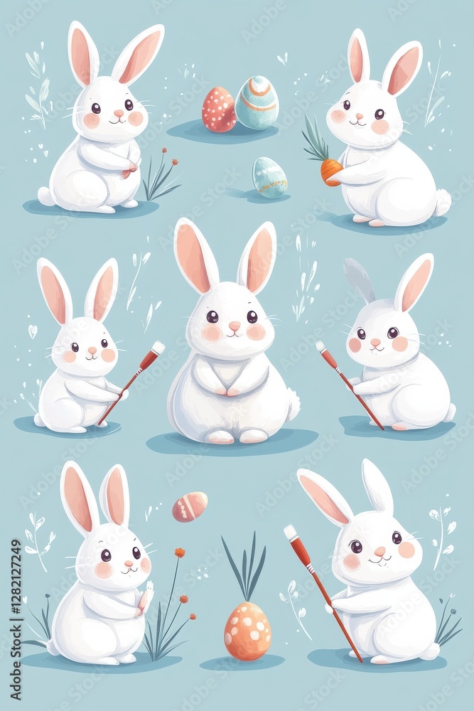 Adorable Easter Bunnies With Painted Eggs and Brushes in a Cute Style Adorable Easter Bunnies With Painted Eggs and Brushes in a Cute Style