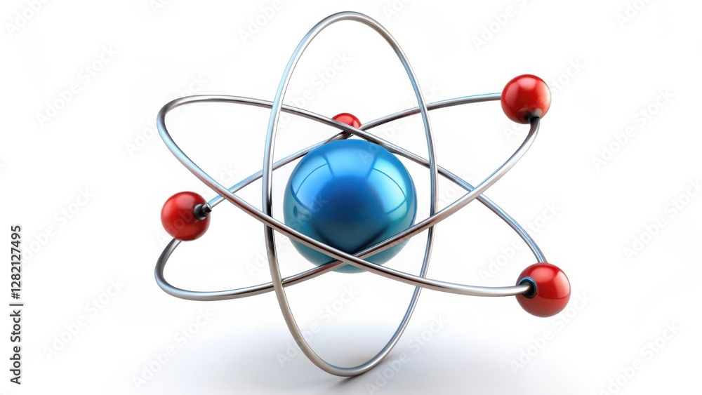 Atomic Model, Blue Nucleus, Red Electrons, White Background Atomic Model, Blue Nucleus, Red Electrons, White Background