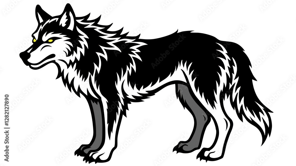 a majestic wolf stands tall, its intense gaze piercing through the viewer. The animal's fur displays contrasting shades, creating a striking visual a majestic wolf stands tall, its intense gaze piercing through the viewer. The animal's fur displays contrasting shades, creating a striking visual