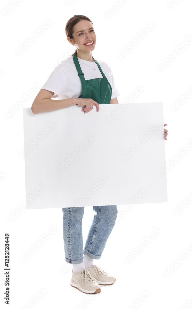 Smiling cleaning service worker with sheet of paper on white background. Space for text Smiling cleaning service worker with sheet of paper on white background. Space for text