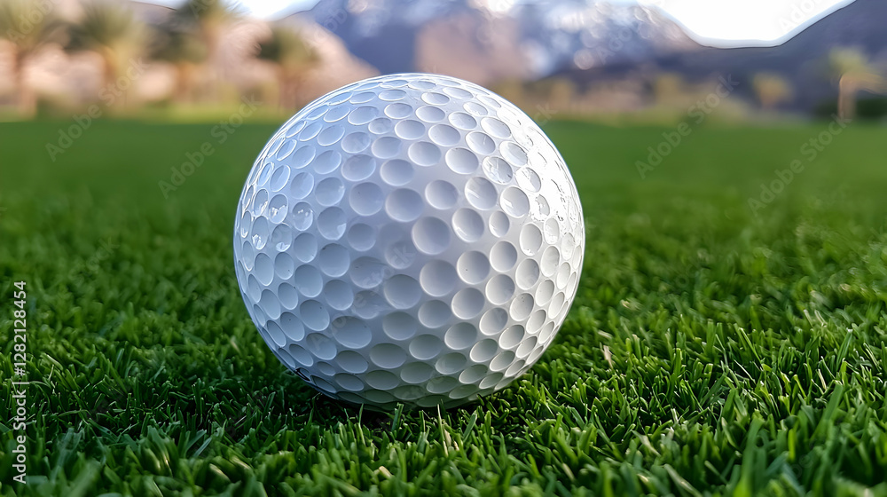 Golf ball on green, desert mountains background. Sports photography Golf ball on green, desert mountains background. Sports photography