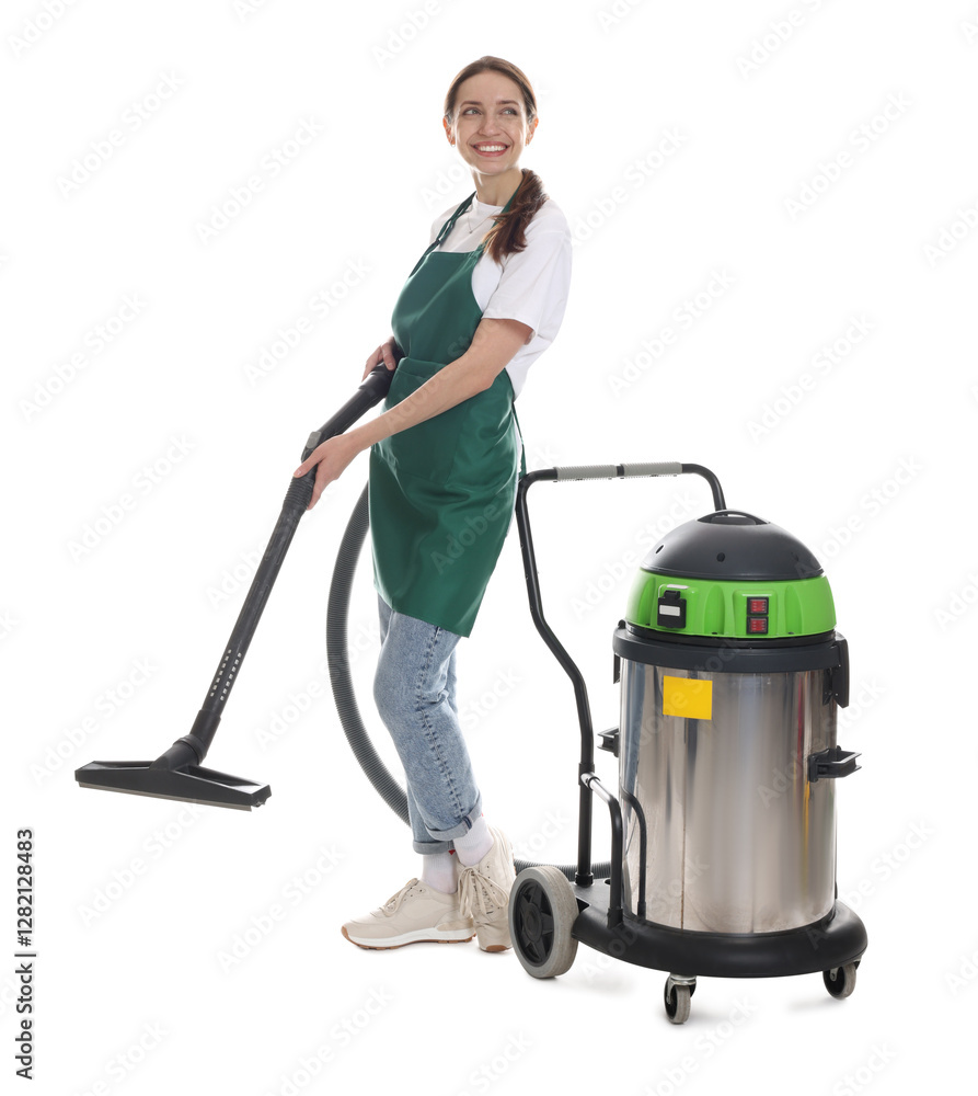 Smiling cleaning service worker with vacuum cleaner on white background Smiling cleaning service worker with vacuum cleaner on white background
