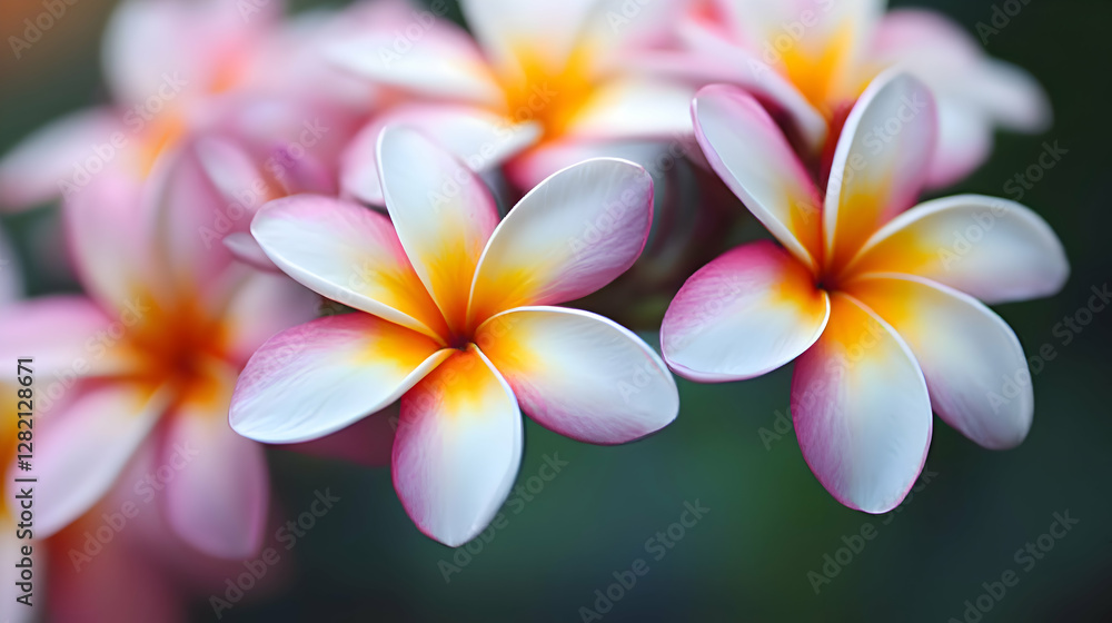 A tropical garden with clusters of vibrant plumeria flowers in white, pink, and yellow shades A tropical garden with clusters of vibrant plumeria flowers in white, pink, and yellow shades