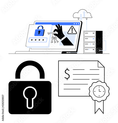 Hacking attempt on laptop with lock icons, server, key, and warning symbol. Document with a dollar sign and certificate ribbon. Ideal for cyber security, data protection, online safety, encryption