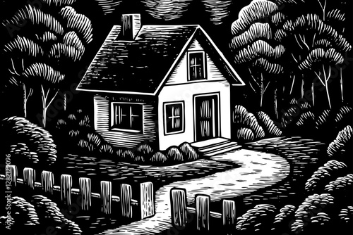 beautiful cottage in forest landscape with trees and grass black and white hand drawn sketch