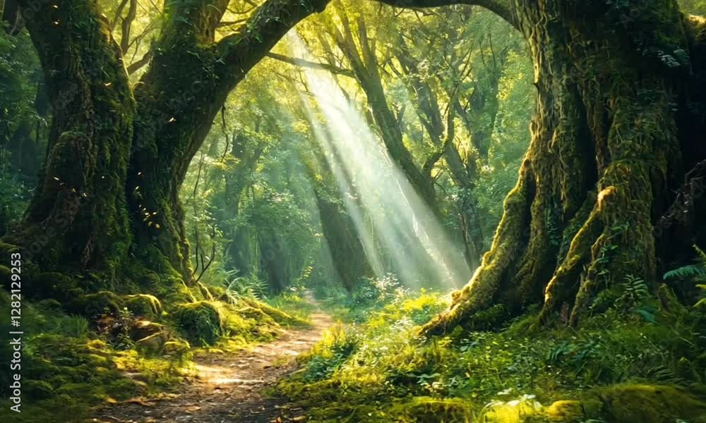 sun rays in the forest through the trees