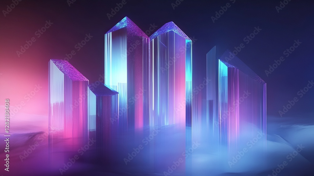 Futuristic abstract city of glowing glass towers, sleek and sharp, reflecting neon lights in the mist Futuristic abstract city of glowing glass towers, sleek and sharp, reflecting neon lights in the mist