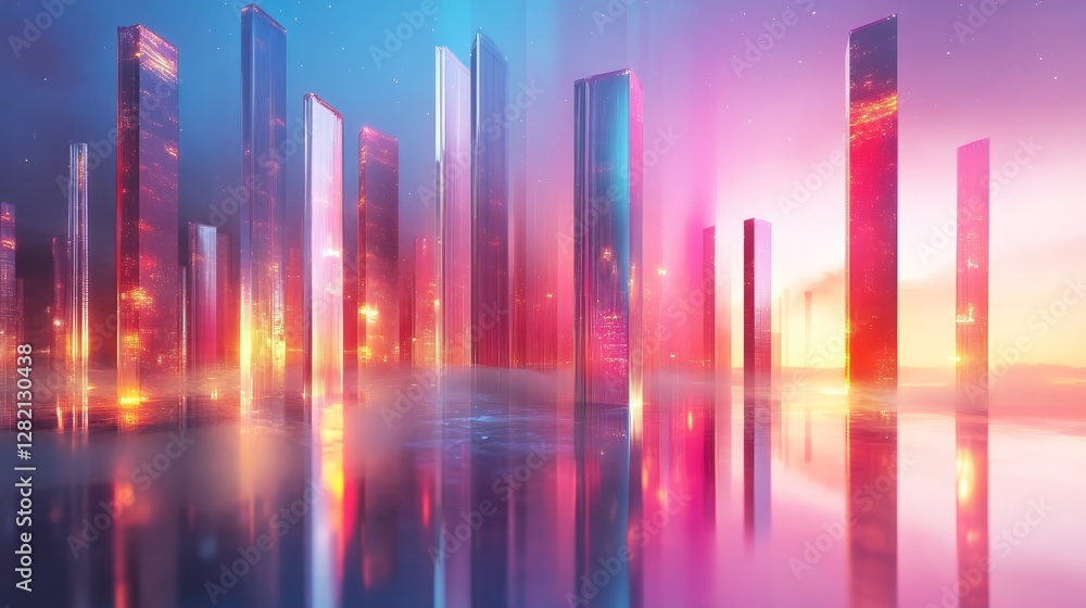Futuristic abstract city of glowing glass towers, sleek and sharp, reflecting neon lights in the mist Futuristic abstract city of glowing glass towers, sleek and sharp, reflecting neon lights in the mist