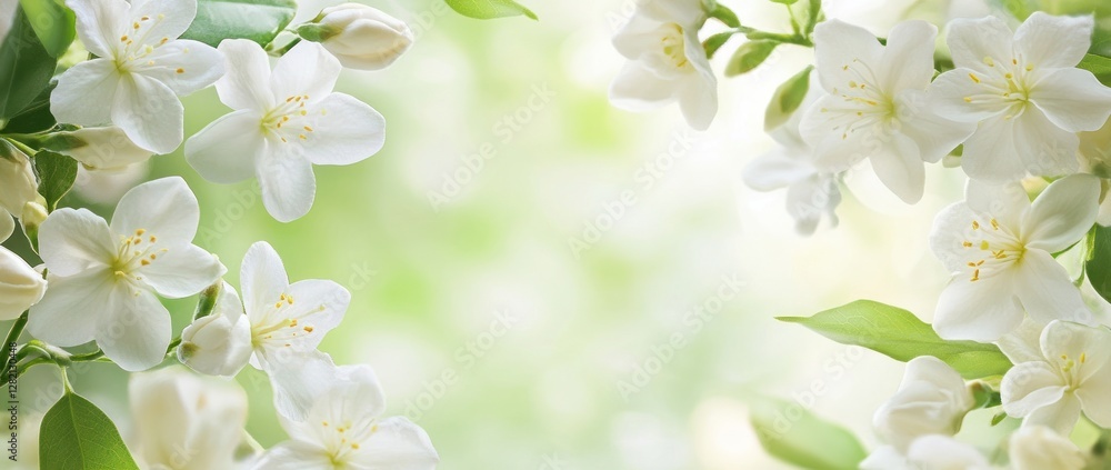 Obraz premium Delicate white blossoms frame a soft green background