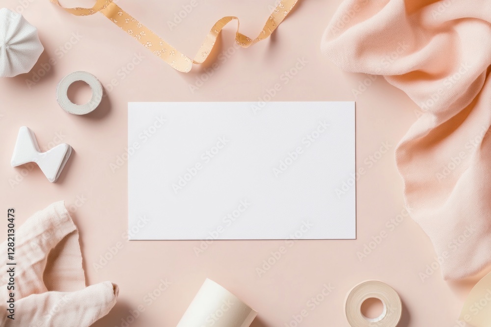 Obraz premium Blank card mockup surrounded by pastel pink fabric, ribbon, and stationery.