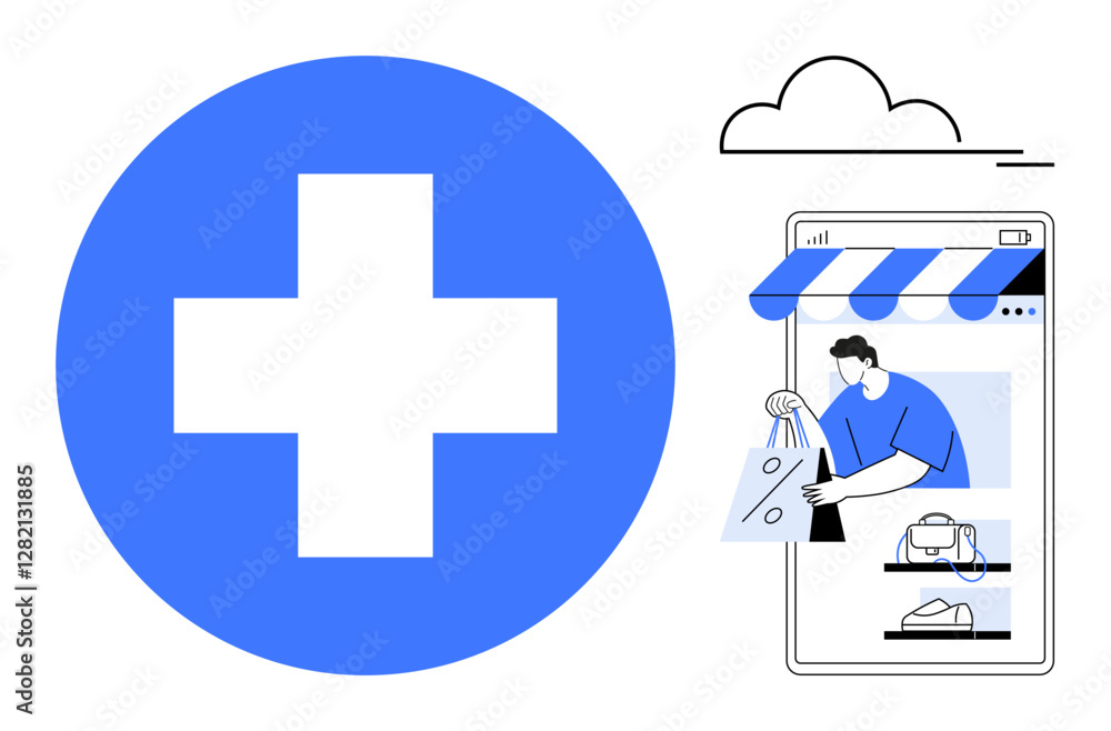 Blue medical cross, person shopping online through a mobile device under a storefront awning, with health items visible. Ideal for healthcare services, telemedicine, online shopping, tech Blue medical cross, person shopping online through a mobile device under a storefront awning, with health items visible. Ideal for healthcare services, telemedicine, online shopping, tech