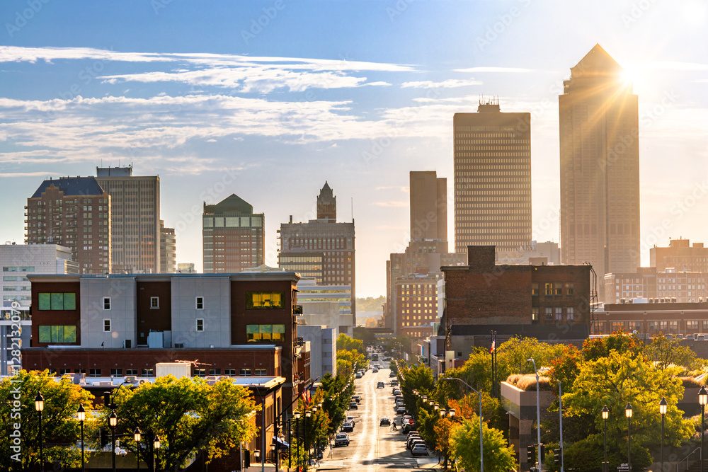 Des Moines, Iowa skyline late afternoon along Locust street. Sun rays burst from behind the skyline. Des Moines is the capital and most populous city in the U.S. state of Iowa and seat of Polk County