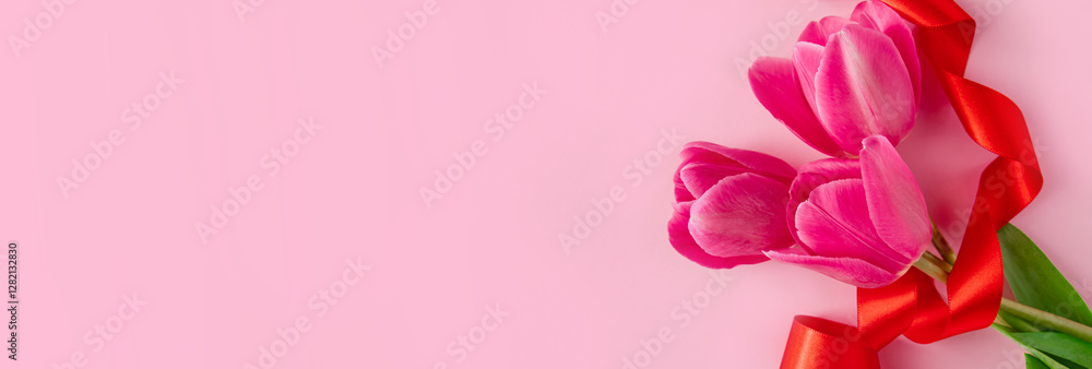 Fototapeta premium Bouquet of colorful fresh tulips with red ribbon on pink background. Symbol of spring. Happy easter.
