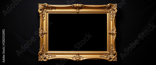 Golden ornate picture frame set against a black background exuding elegance and sophistication showcasing empty space for art representation