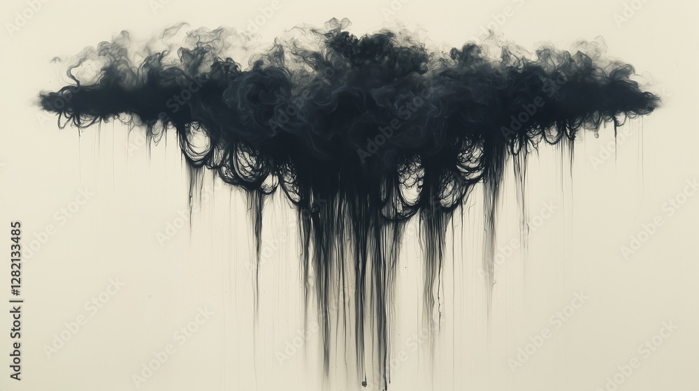 Fototapeta premium A dramatic black smoke cloud with flowing tendrils against a light background.