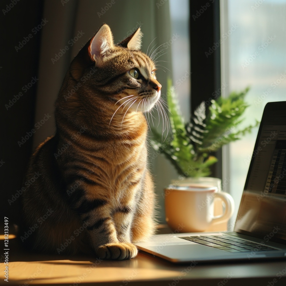 Tabby Cat Watches Laptop by Window with Plants and Coffee Tabby Cat Watches Laptop by Window with Plants and Coffee