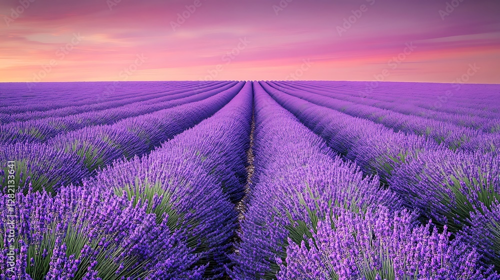 Fototapeta premium A vibrant lavender field stretching to the horizon, under a soft purple-pink sunset sky