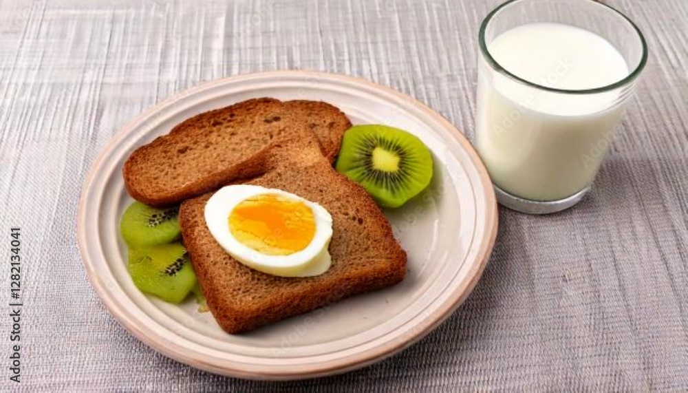Healthy Breakfast Concept: Boiled Egg, Whole Wheat Bread, Kiwi, Almonds, and a Glass of Milk Healthy Breakfast Concept: Boiled Egg, Whole Wheat Bread, Kiwi, Almonds, and a Glass of Milk
