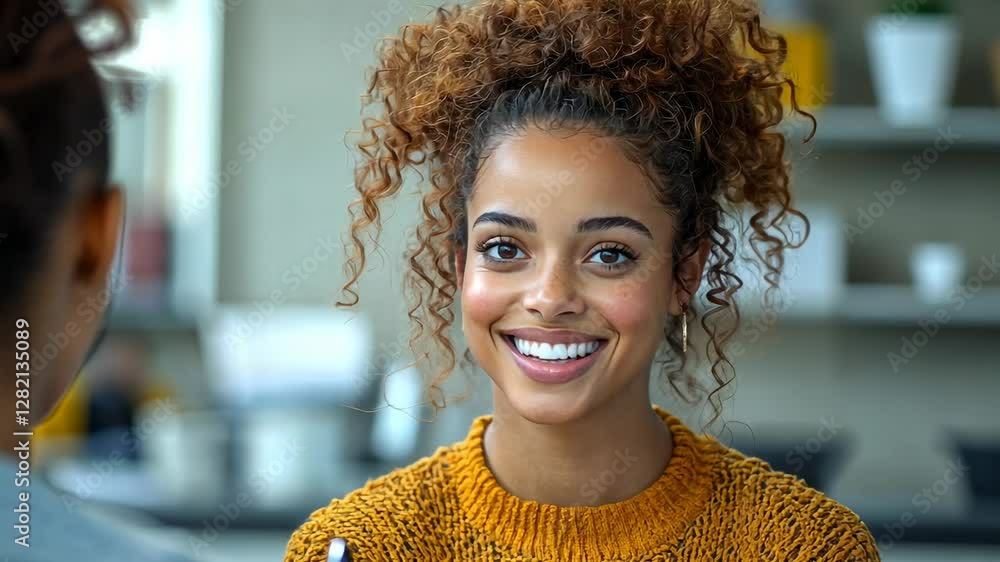 Smiling Woman in Conversation, Warm and Friendly Atmosphere Smiling Woman in Conversation, Warm and Friendly Atmosphere