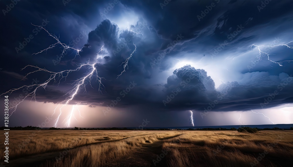 A stormy sky with dark clouds and dramatic lightning illuminating the atmosphere, creating a powerful and intense scene of nature’s fury.