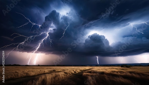 Obraz na płótnie A stormy sky with dark clouds and dramatic lightning illuminating the atmosphere, creating a powerful and intense scene of nature’s fury.
w salonie