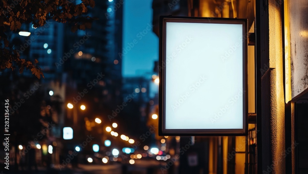 Blank illuminated storefront sign at night. Blank illuminated storefront sign at night.
