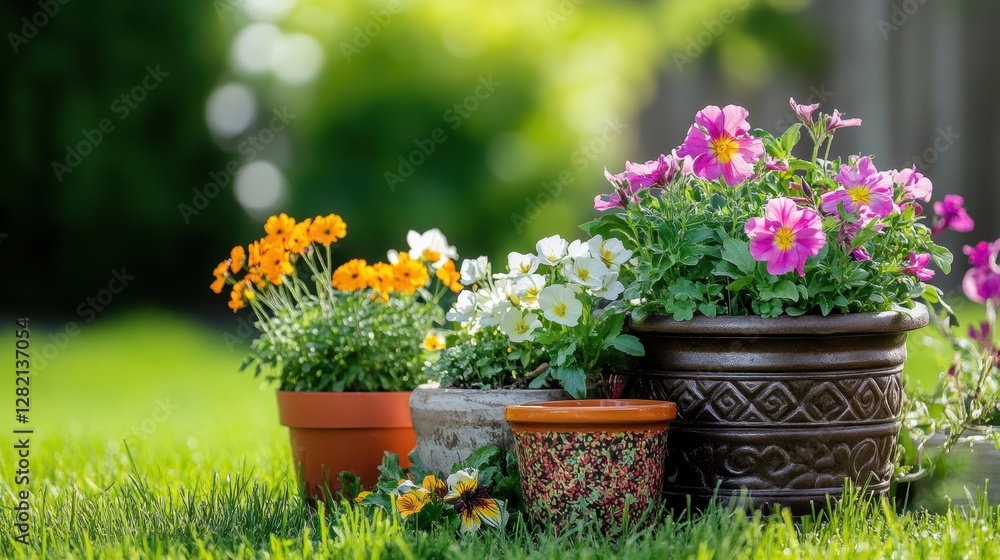 A vibrant display of blooming flowers in various pots on a sunny day, showcasing lively colors and lush greenery. A vibrant display of blooming flowers in various pots on a sunny day, showcasing lively colors and lush greenery.