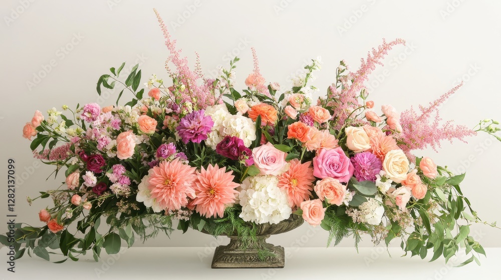 Obraz premium Stunning floral arrangement featuring a variety of pink, peach, and purple flowers in an elegant decorative vase.