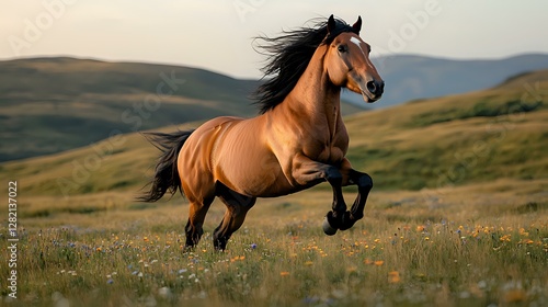 Wallpaper Mural Majestic bay horse galloping freely across mountain meadow with flowing mane and tail, against backdrop of rolling hills in warm evening light. Torontodigital.ca