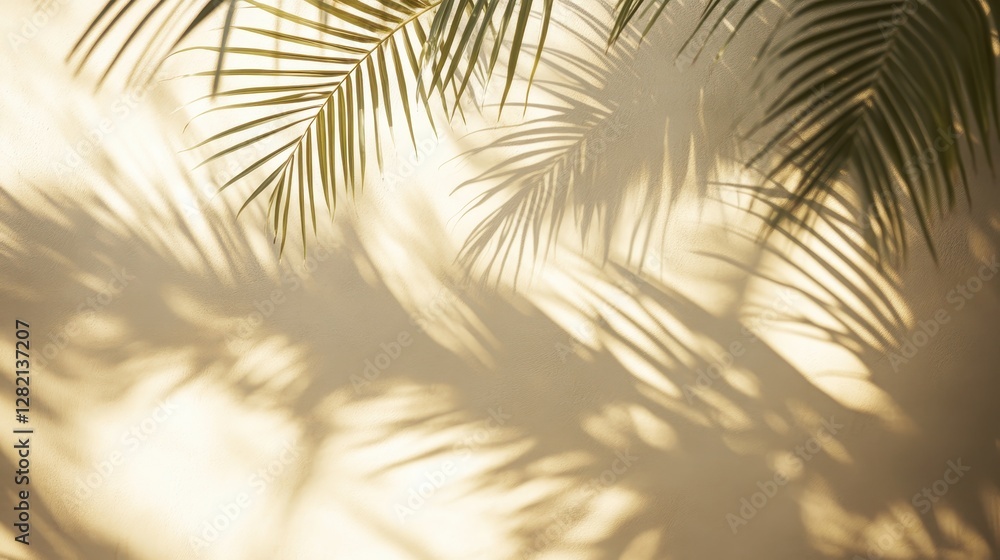 Obraz premium Textured palm leaf shadows cast softly on a warm, neutral wall, creating a peaceful and natural ambiance.
