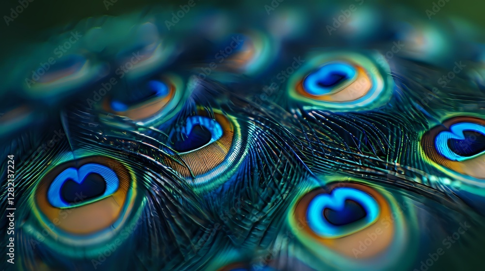 Obraz premium Vibrant peacock feathers in macro view showing iridescent blue and golden eye spots against dark background, creating mesmerizing natural pattern.