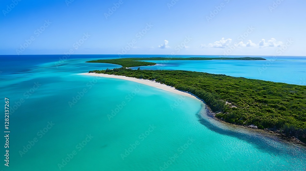 Obraz premium A tranquil island view with turquoise waters, a sandy beach, and lush green vegetation under a clear blue sky