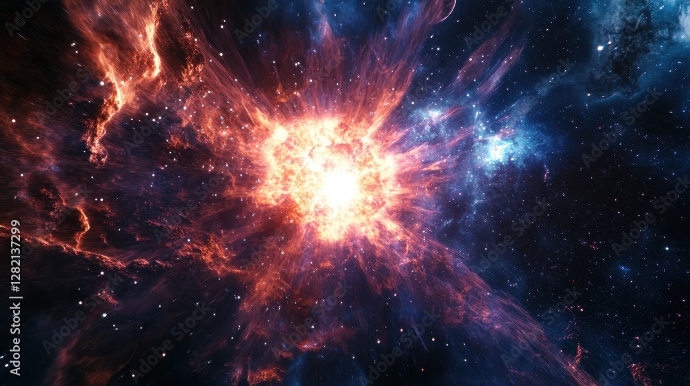 Fototapeta premium A vibrant explosion of a star in a cosmic nebula, showcasing fiery colors and intricate celestial patterns.