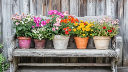 Fototapeta Naklejka Na Ścianę i Meble -  A rustic wooden bench adorned with vibrant potted flowers in varying colors, creating a cheerful garden vibe.
