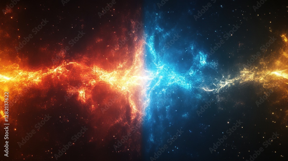 A stunning cosmic split showing fiery orange and cool blue nebulae merging, creating a vibrant contrast in space. A stunning cosmic split showing fiery orange and cool blue nebulae merging, creating a vibrant contrast in space.