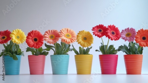 Wallpaper Mural Vibrant arrangement of colored flower pots featuring beautiful gerbera daisies in various hues. Torontodigital.ca