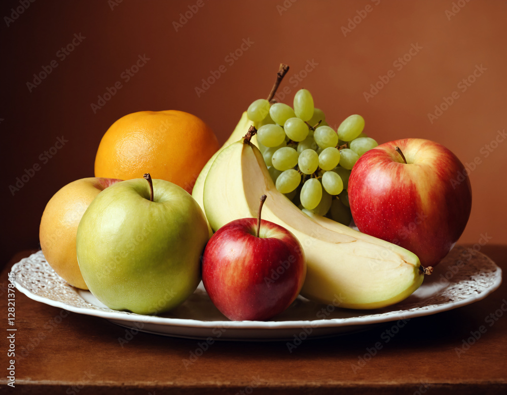 Different fruits on the dish, apples, pears, grapes, melon. Orange, watermelon. Different fruits on the dish, apples, pears, grapes, melon. Orange, watermelon.