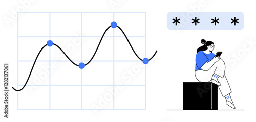 Line graph with data points, person using a tablet, and password entry symbols. Ideal for data analysis, security, technology, mobile devices, business education research. Line metaphor