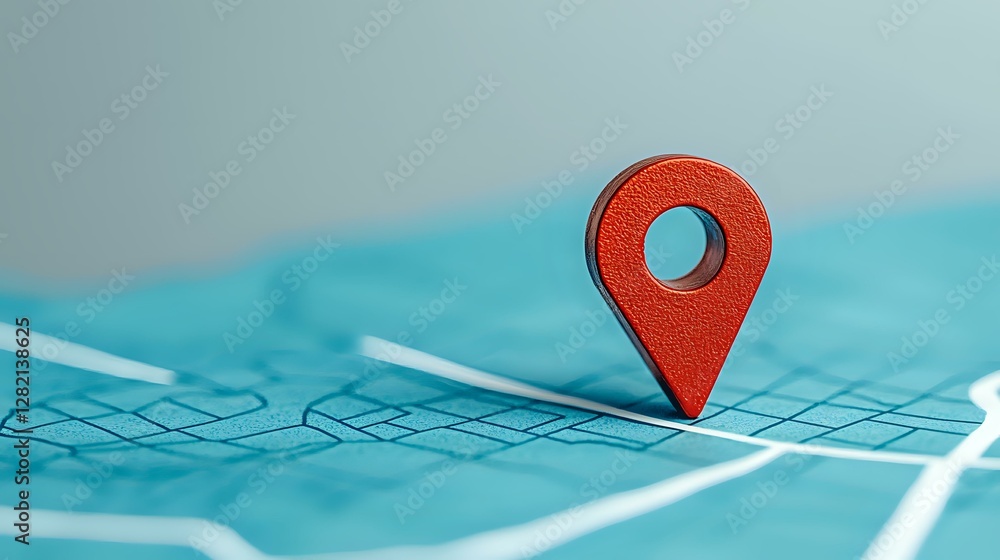Red location pin marker on turquoise city map background with street grid pattern, modern minimal composition for navigation and GPS concepts. Red location pin marker on turquoise city map background with street grid pattern, modern minimal composition for navigation and GPS concepts.