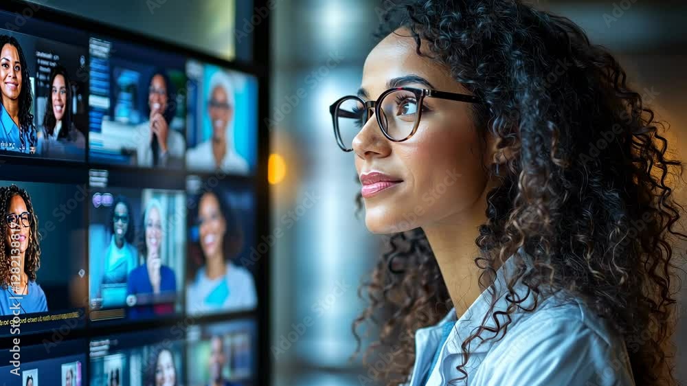 Focused Woman Viewing a Multi-Screen Display of Faces, Modern Technology, Innovation and Connection Focused Woman Viewing a Multi-Screen Display of Faces, Modern Technology, Innovation and Connection