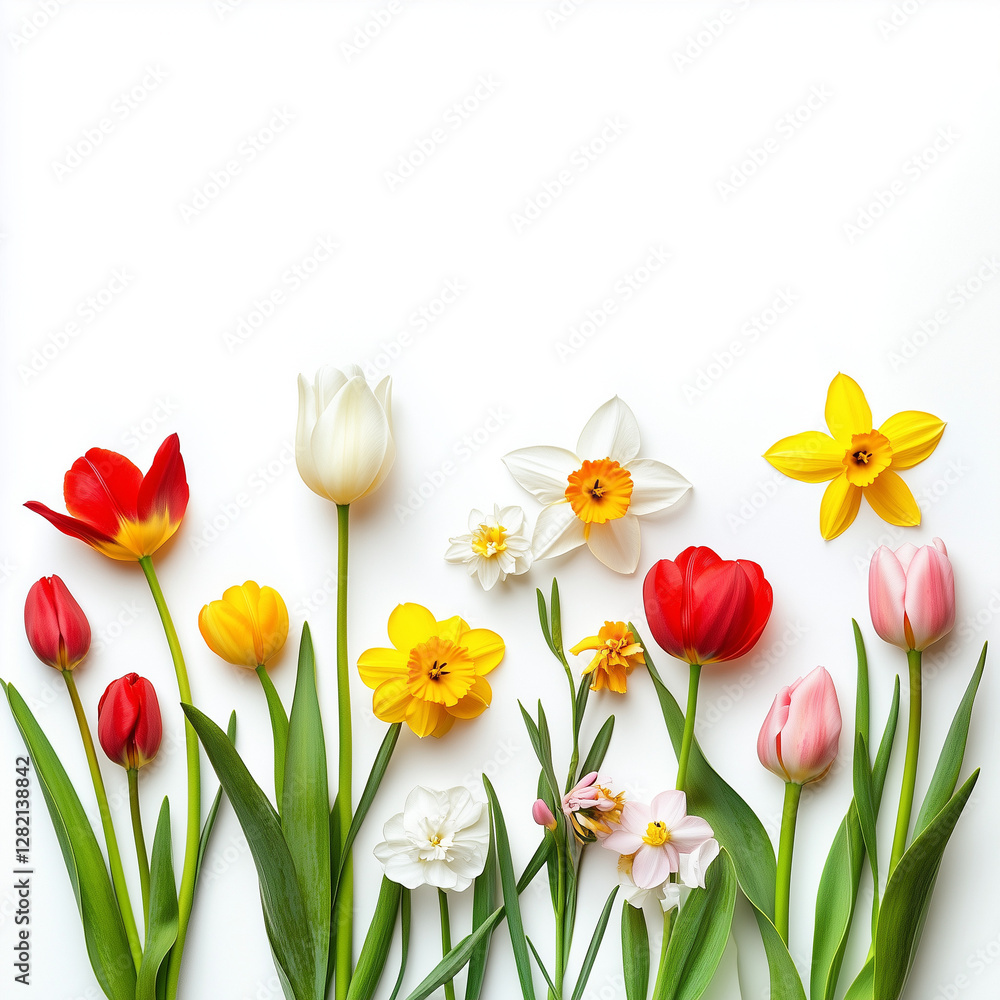 Spring flowers (tulips, daffodils, lilies) on a white background Spring flowers (tulips, daffodils, lilies) on a white background