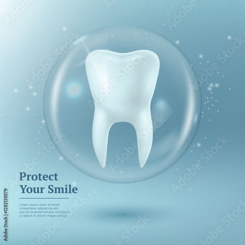 Protect Your Smile. Vector 3D Realistic Tooth in a Protective Bubble Isolated on a Blue Background. Design Template, Clipart, Mockup. Dentistry, Healthcare, Medical, Hygiene, Protection Concept