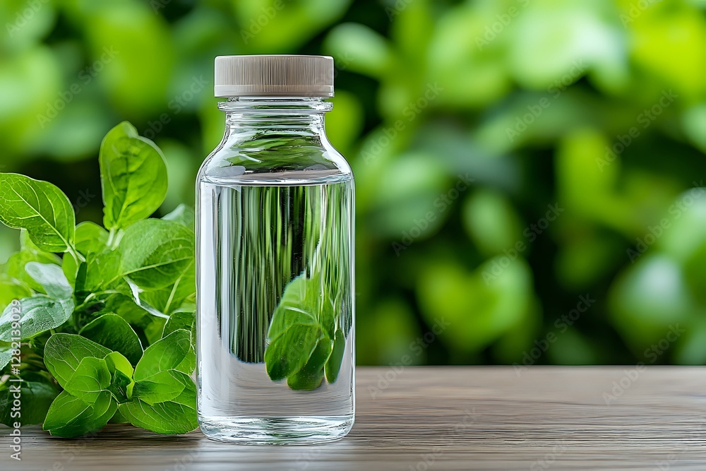Glass bottle with wooden cap on table against green natural background, fresh basil leaves beside container, eco-friendly packaging concept for essential oils. Glass bottle with wooden cap on table against green natural background, fresh basil leaves beside container, eco-friendly packaging concept for essential oils.