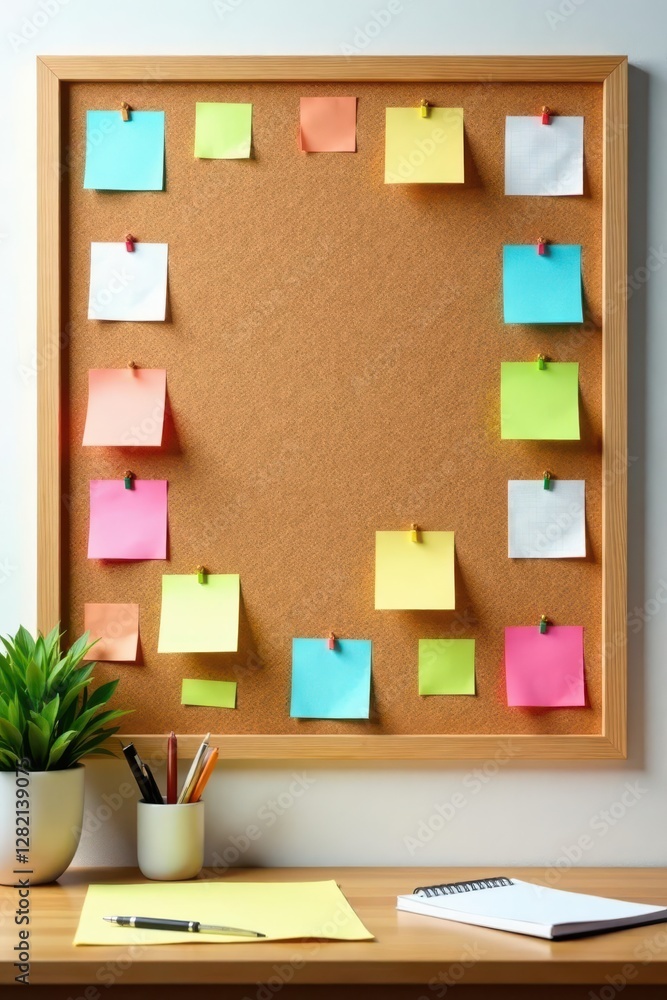Wooden corkboard with scattered notes and office supplies, corkboard, stationery Wooden corkboard with scattered notes and office supplies, corkboard, stationery