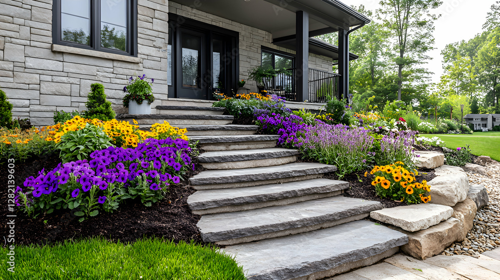 Obraz premium A vibrant garden scene with pansies blooming in a variety of colors, creating a cheerful and welcoming display