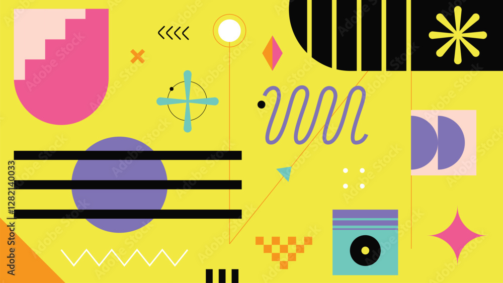 Obraz premium Colorful memphis shape geometric colorful shape texture. Geometric elements in 80's memphis style. Background for brochures, promotional materials and wallpaper. Vector illustration.
