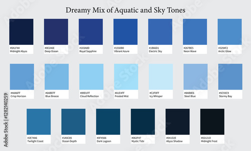 Color Palette 20 Shades of Blue - Aquatic and Sky Tones with HEX Codes and Names, Colour Swatches and Combinations