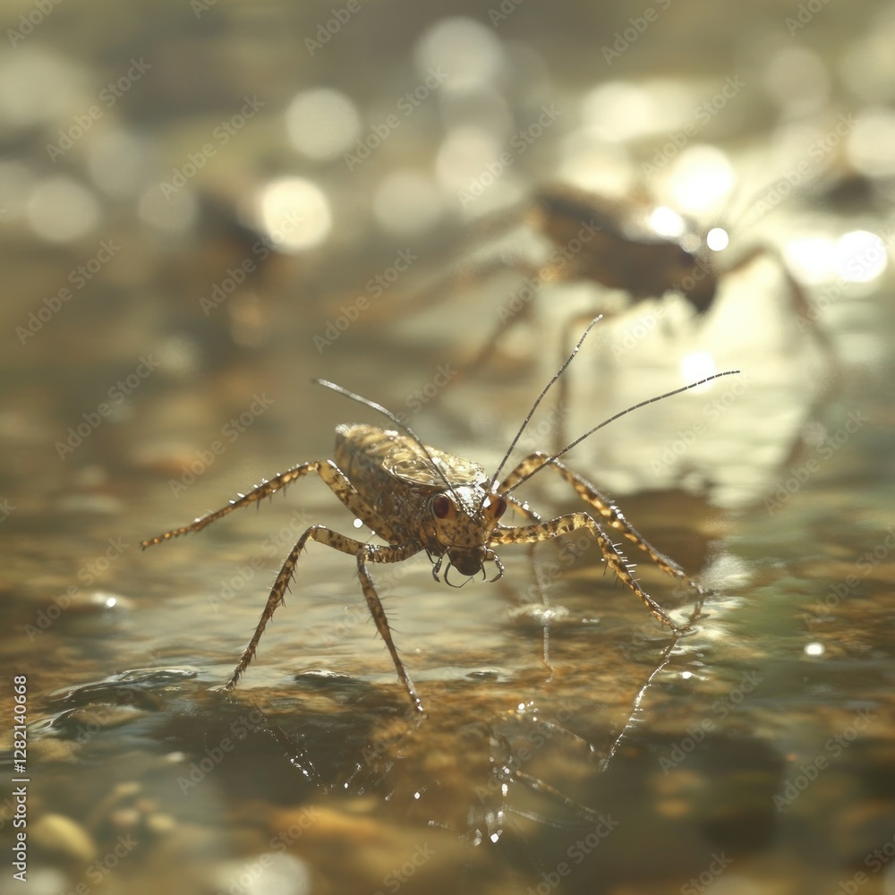 Water bugs walk on shallow streambed, sunlit insects in natural habitat Water bugs walk on shallow streambed, sunlit insects in natural habitat