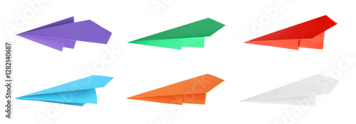 Paper planes in different colors on white background, set