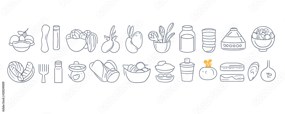 Naklejka premium Linear flat icons set of kitchenware and ingredients in simple style.